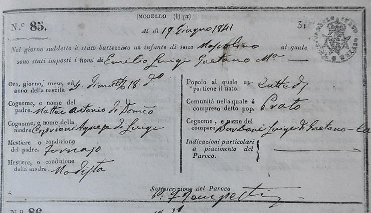 Baptism Certificate of Emilio Mattei
